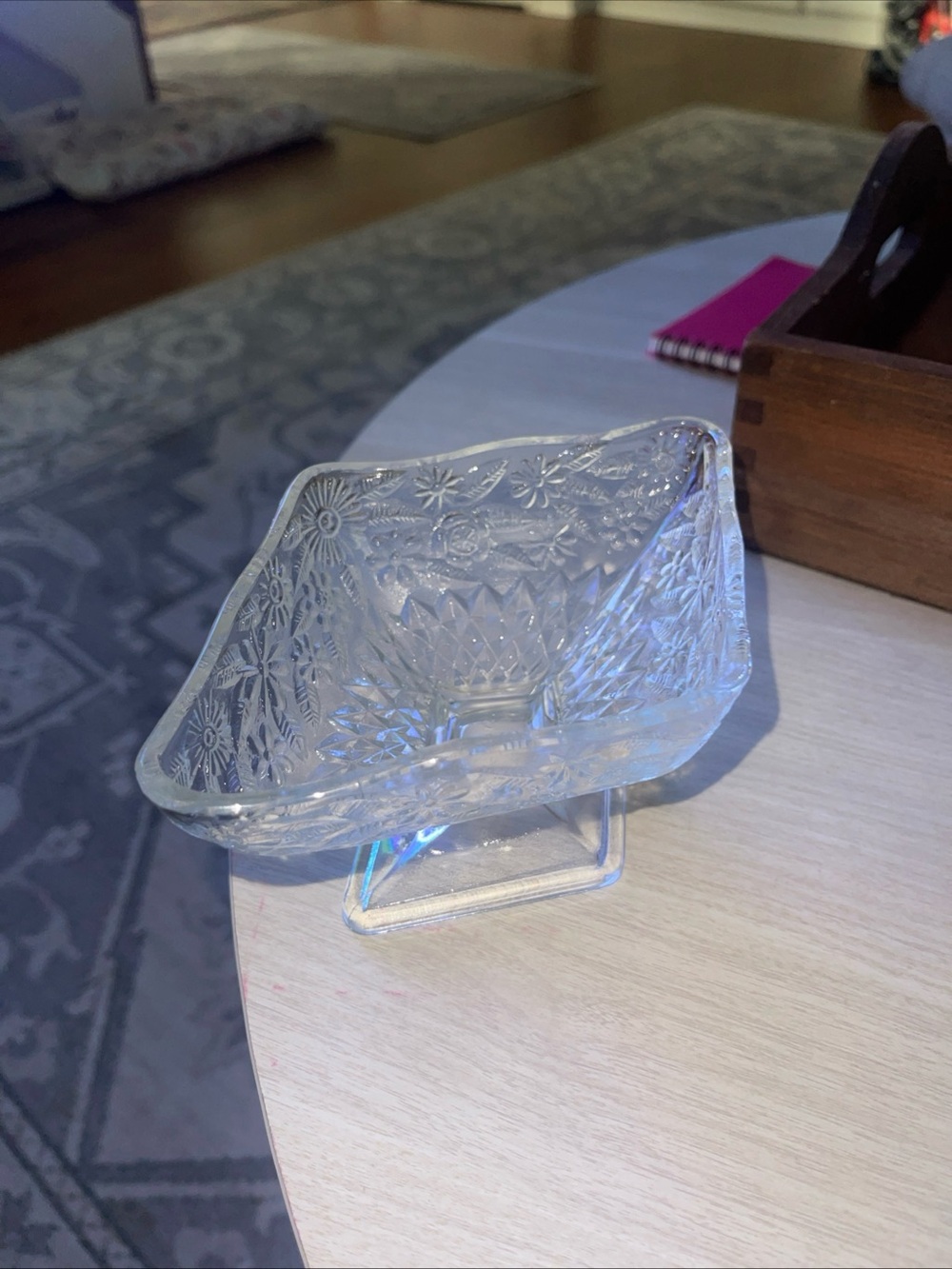 Vintage Indiana Glass Footed Candy Dish Diamond Shaped Pineapple And Floral